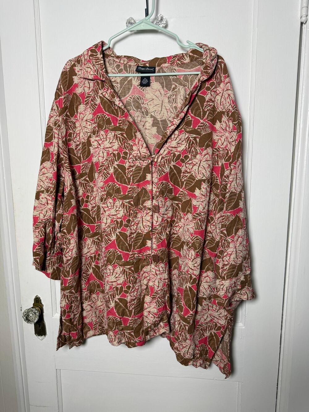 Maggie Barnes 3X Cotton Linen Floral Tunic V Neck Bell Sleeve Boho Plus Size